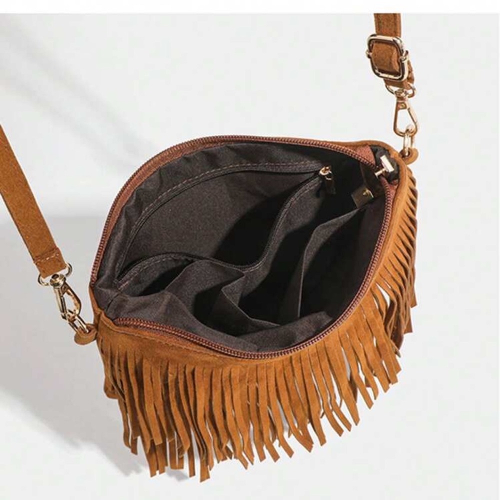 Fringe Suede Crossbody Bag - Tan